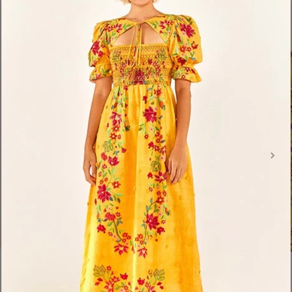 FARM Rio Dresses & Skirts - FARM Rio Yellow Floral Midi Dress with Pink & Green Embroidery